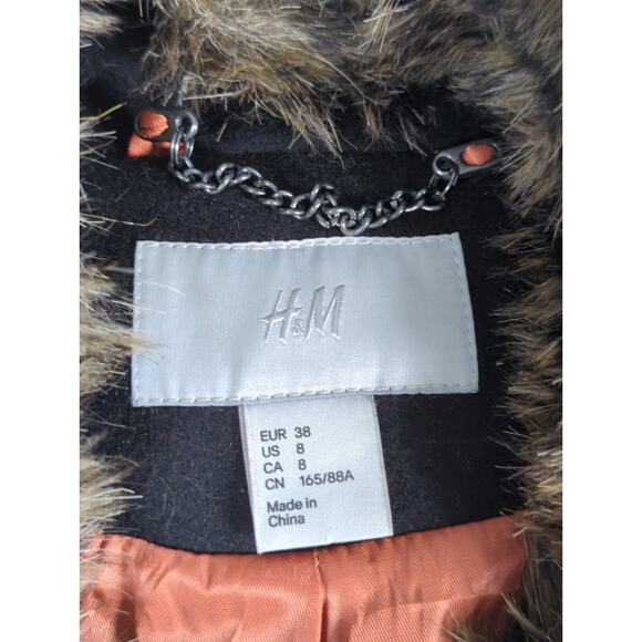 H&M Womens Size 8 Black Wool Blend Coat Faux Fur Collar Vintage Style Jacket - Picture 2 of 16